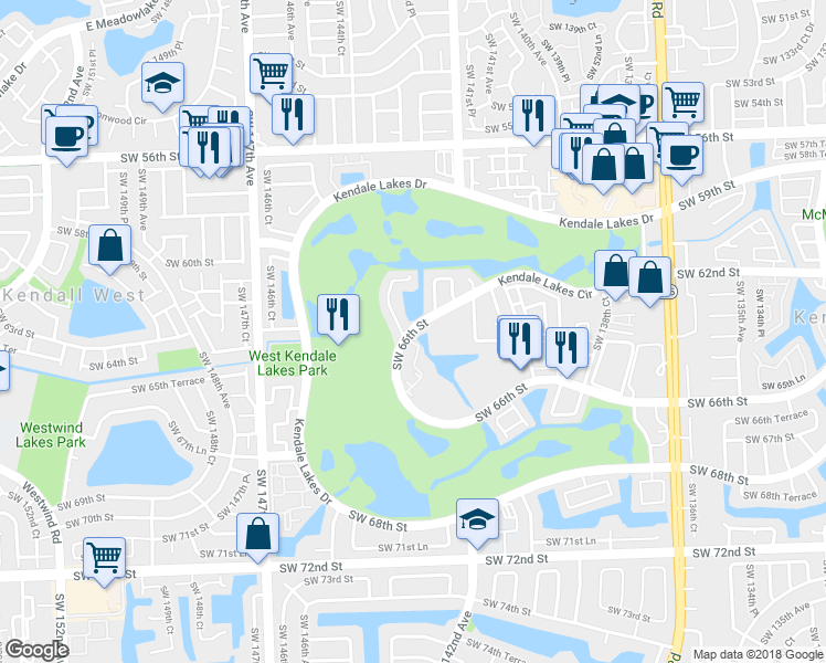 map of restaurants, bars, coffee shops, grocery stores, and more near 14277 Southwest Kendale Lakes Circle in Miami