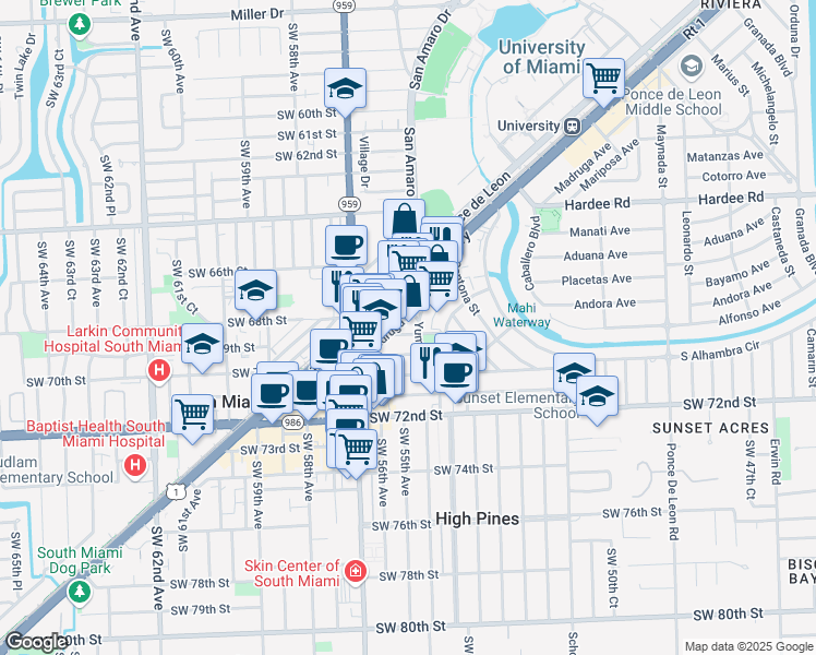 map of restaurants, bars, coffee shops, grocery stores, and more near 1501 Venera Avenue in Miami