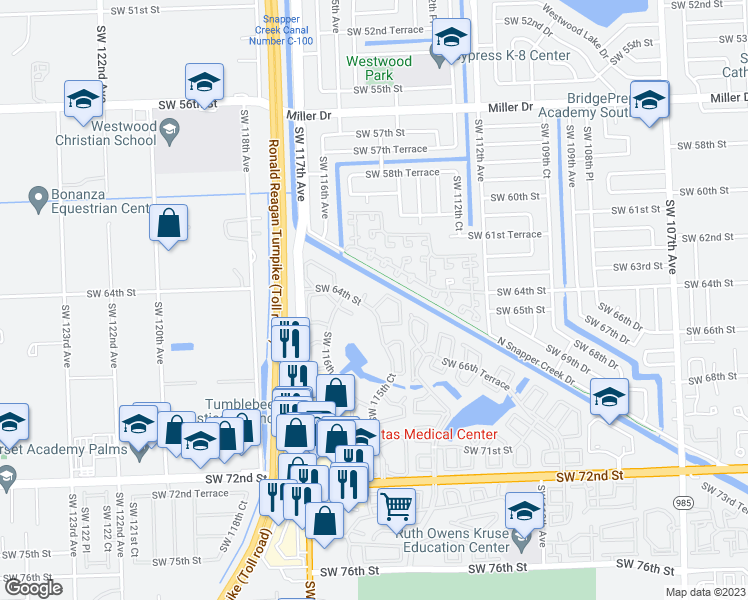map of restaurants, bars, coffee shops, grocery stores, and more near 6534 Southwest 114th Place in Miami