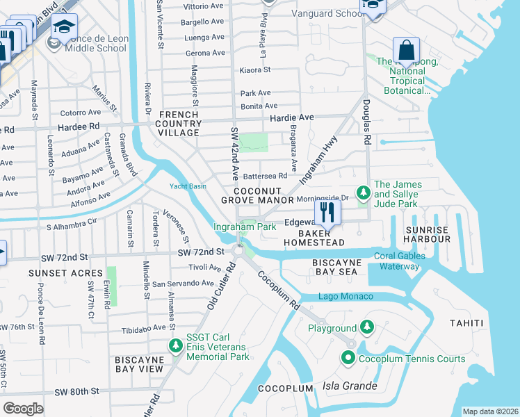 map of restaurants, bars, coffee shops, grocery stores, and more near 230 Ridgewood Road in Coral Gables
