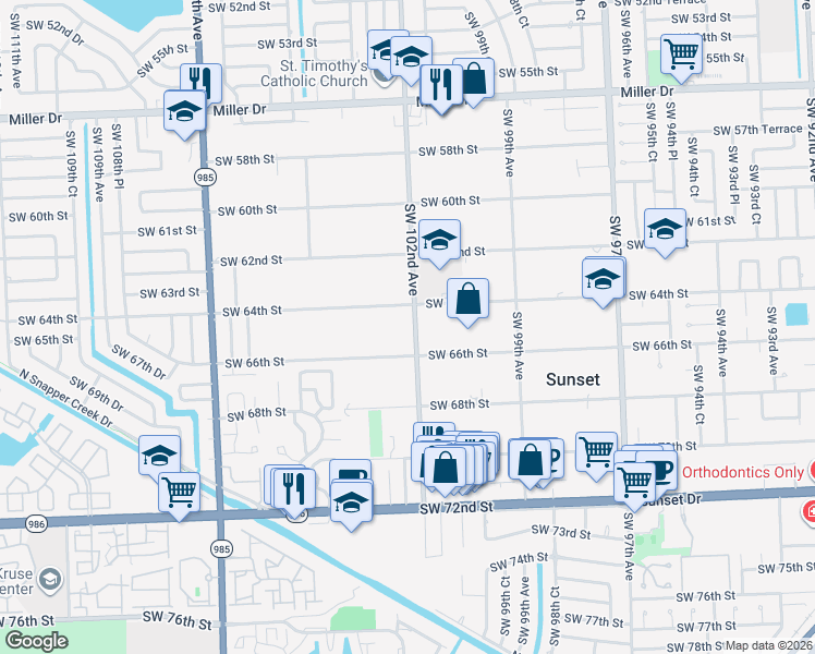 map of restaurants, bars, coffee shops, grocery stores, and more near 10250 Southwest 64th Street in Miami