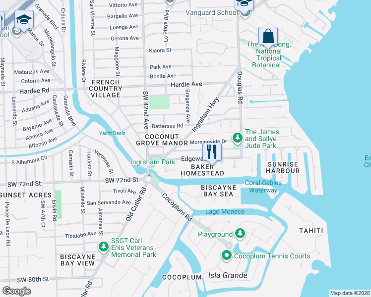 map of restaurants, bars, coffee shops, grocery stores, and more near 175 Morningside Drive in Coral Gables