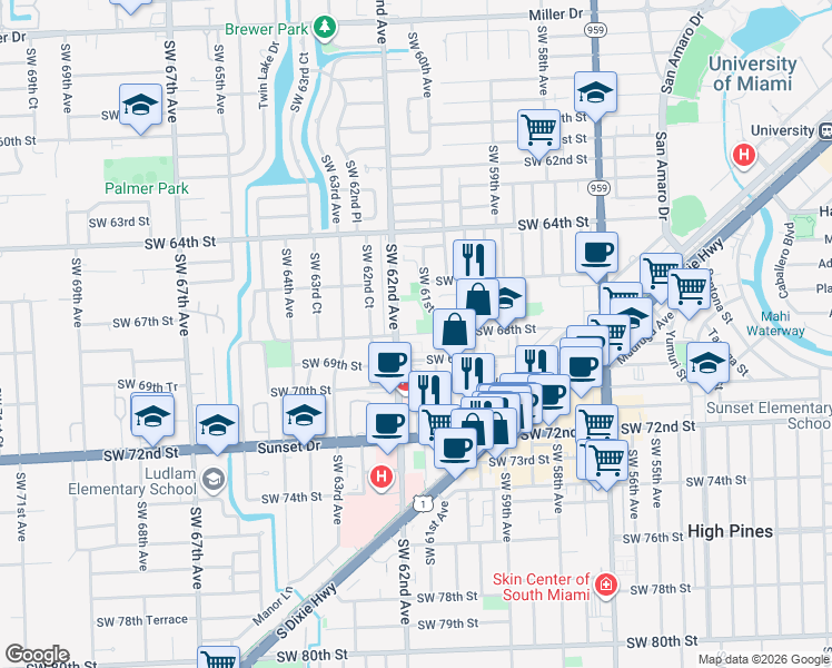 map of restaurants, bars, coffee shops, grocery stores, and more near in South Miami