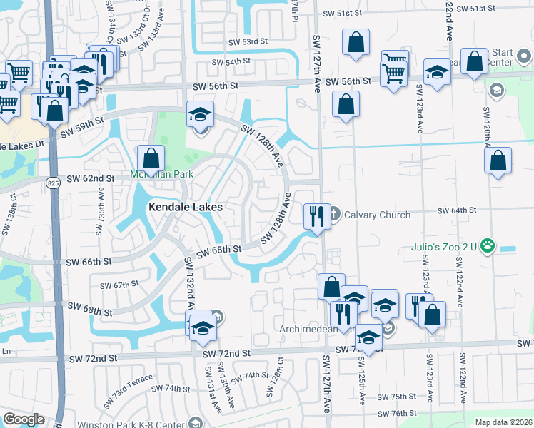 map of restaurants, bars, coffee shops, grocery stores, and more near 12832 Southwest 62nd Lane in Miami