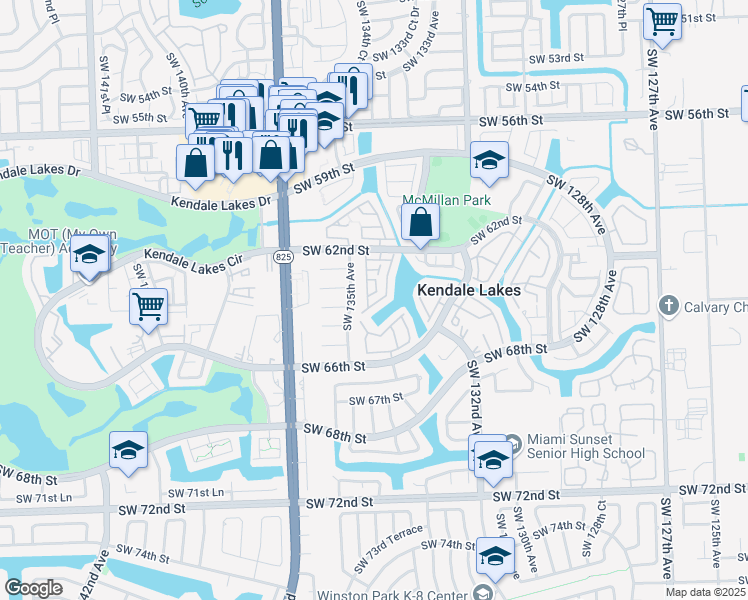map of restaurants, bars, coffee shops, grocery stores, and more near 13420 Southwest 62nd Street in Miami