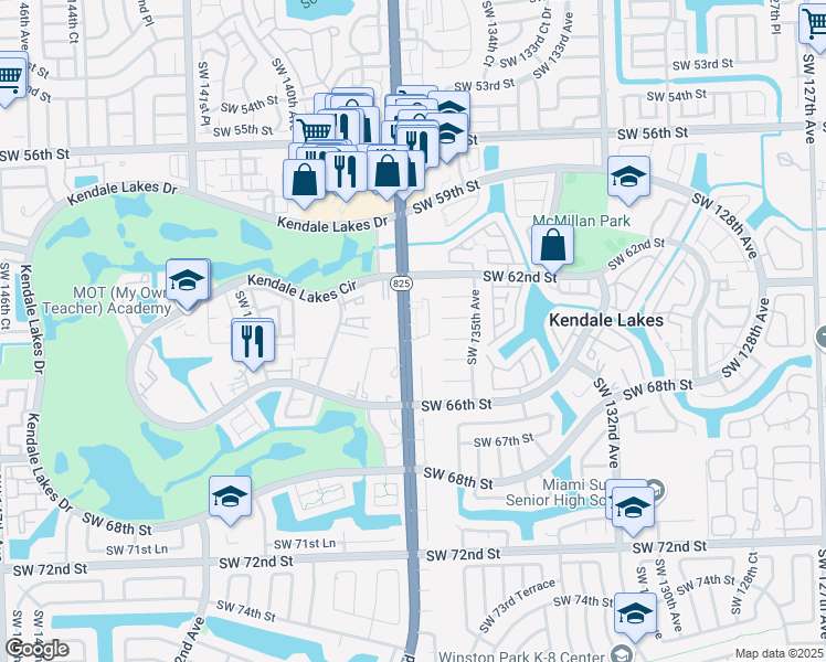 map of restaurants, bars, coffee shops, grocery stores, and more near 6256 Southwest 136th Court in Miami
