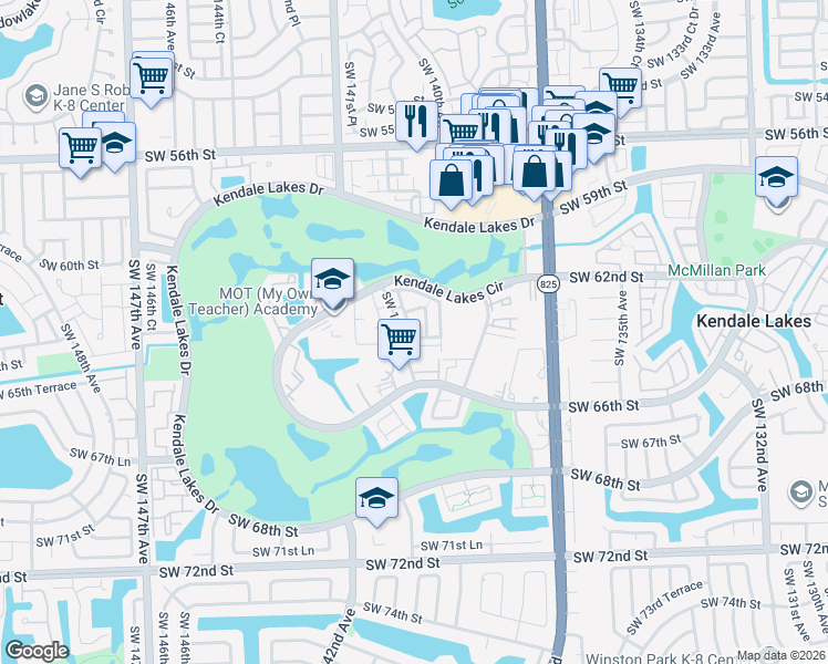 map of restaurants, bars, coffee shops, grocery stores, and more near 6321 Southwest 138th Path in Miami