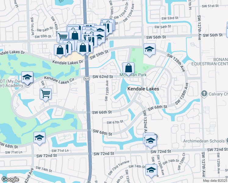 map of restaurants, bars, coffee shops, grocery stores, and more near 13420 Southwest 62nd Street in Miami