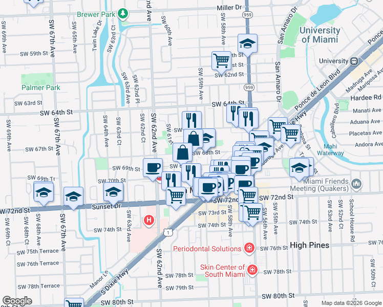 map of restaurants, bars, coffee shops, grocery stores, and more near 5991 Southwest 68th Street in South Miami
