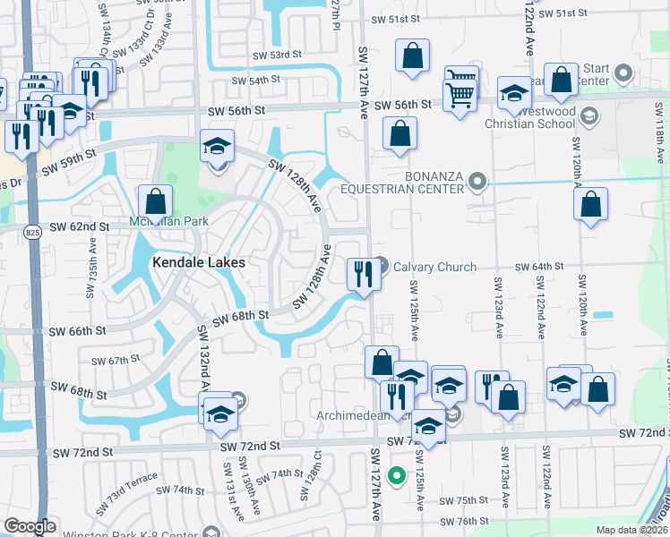 map of restaurants, bars, coffee shops, grocery stores, and more near 6245 Southwest 127th Place in Miami