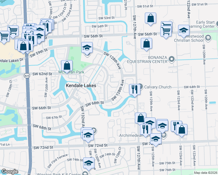 map of restaurants, bars, coffee shops, grocery stores, and more near 12901 Southwest 64th Lane in Miami
