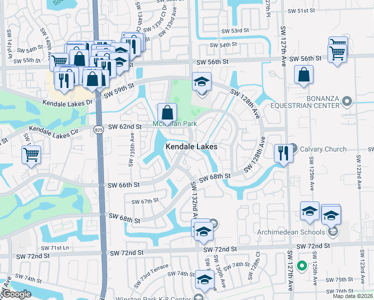 map of restaurants, bars, coffee shops, grocery stores, and more near in Kendale Lakes