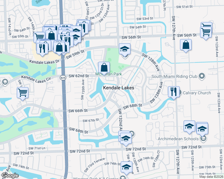 map of restaurants, bars, coffee shops, grocery stores, and more near in Kendale Lakes