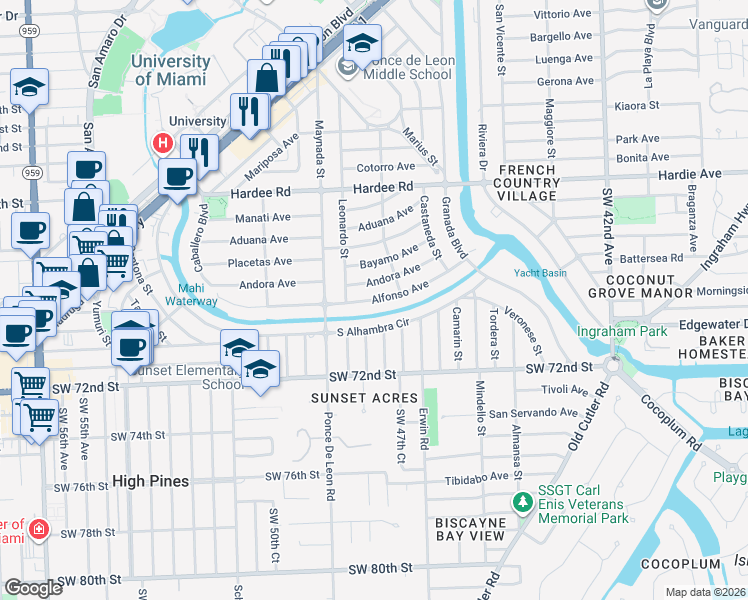 map of restaurants, bars, coffee shops, grocery stores, and more near 1020 Andora Avenue in Coral Gables