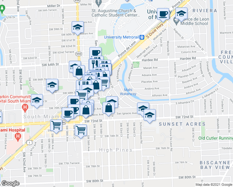 map of restaurants, bars, coffee shops, grocery stores, and more near Santona Street in Miami