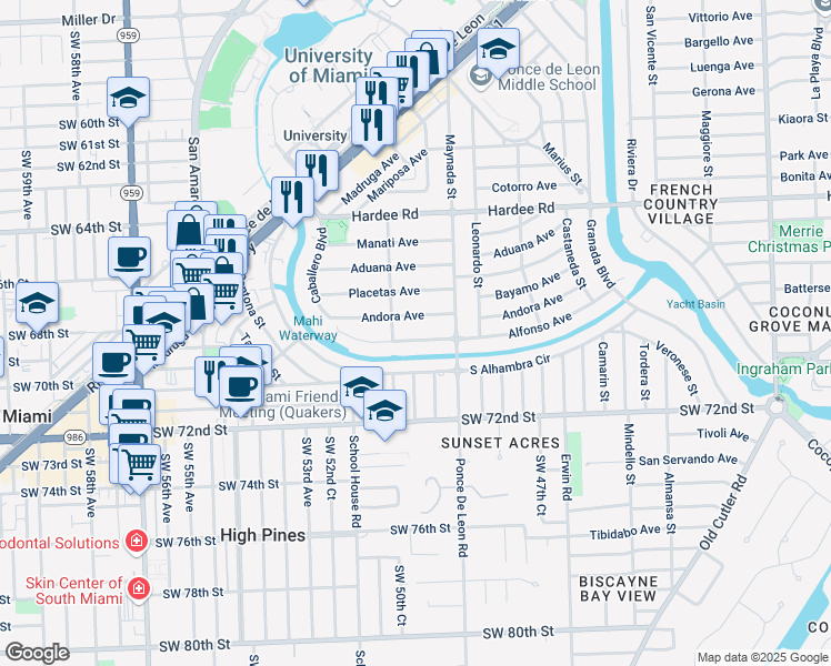 map of restaurants, bars, coffee shops, grocery stores, and more near 1125 Alfonso Avenue in Coral Gables
