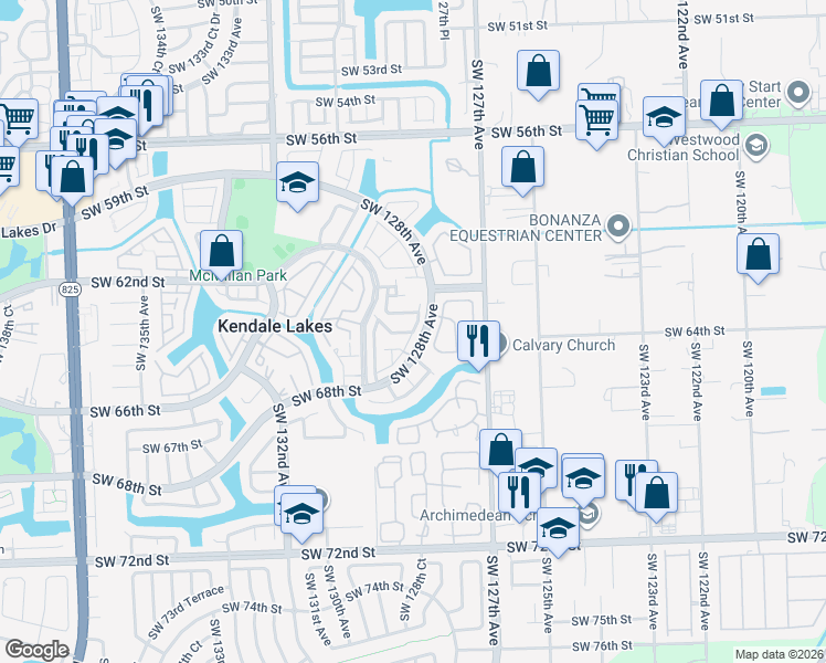 map of restaurants, bars, coffee shops, grocery stores, and more near 6320 Southwest 128th Court in Miami