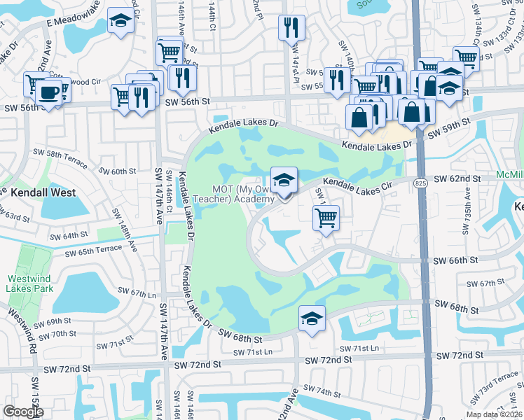 map of restaurants, bars, coffee shops, grocery stores, and more near 22250 Southwest 62nd Street in Miami
