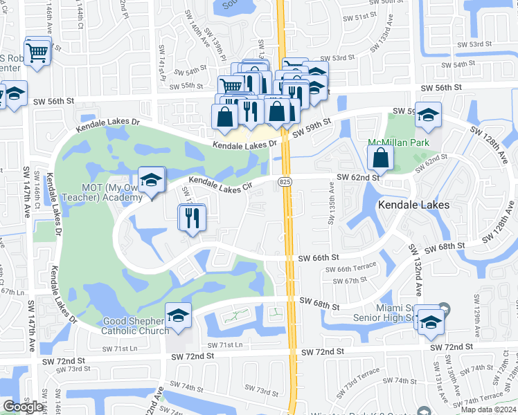 map of restaurants, bars, coffee shops, grocery stores, and more near 6231 Southwest 138th Court in Miami