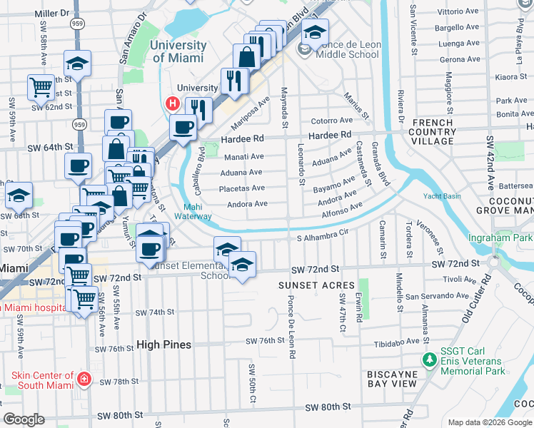 map of restaurants, bars, coffee shops, grocery stores, and more near 1104 Andora Avenue in Coral Gables