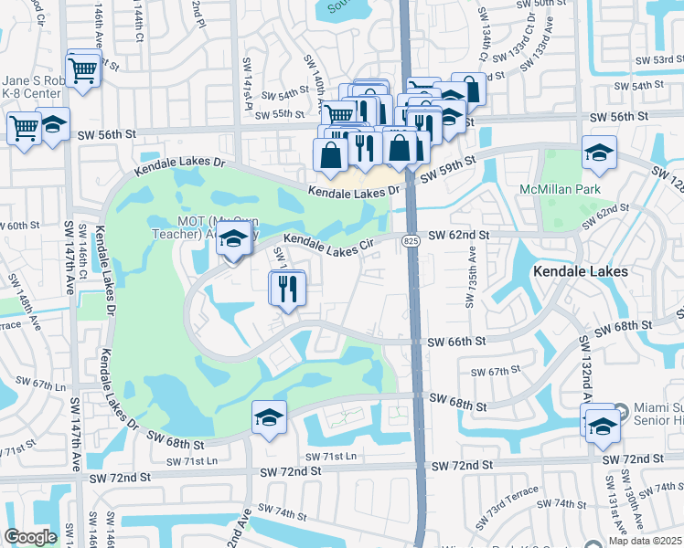 map of restaurants, bars, coffee shops, grocery stores, and more near 6320 Southwest 138th Court in Miami