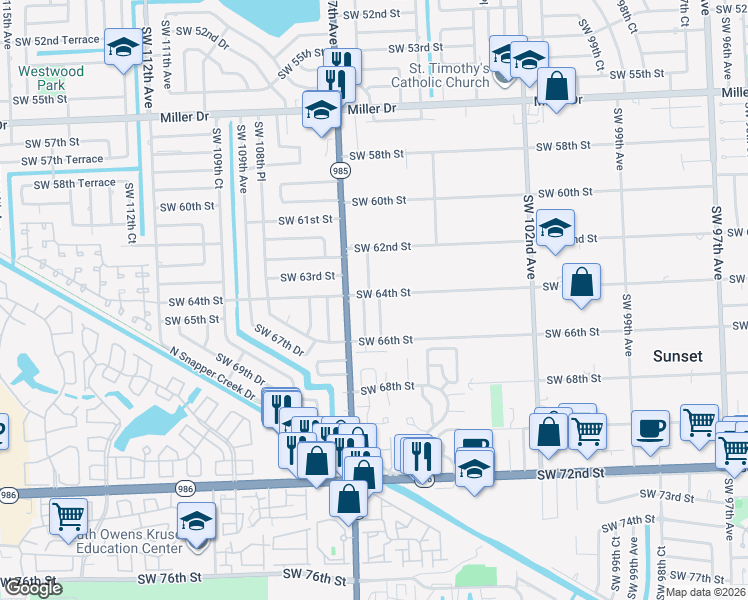 map of restaurants, bars, coffee shops, grocery stores, and more near 6400 Southwest 105th Court in Miami