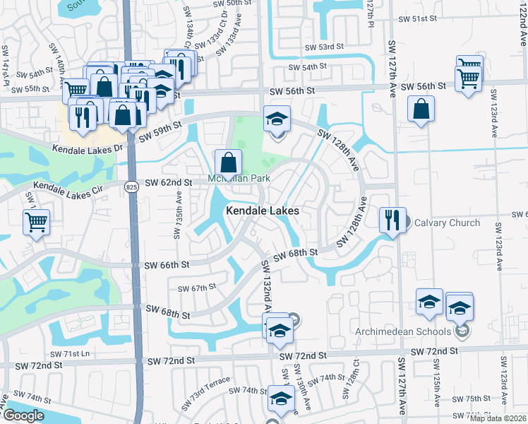 map of restaurants, bars, coffee shops, grocery stores, and more near in Kendale Lakes