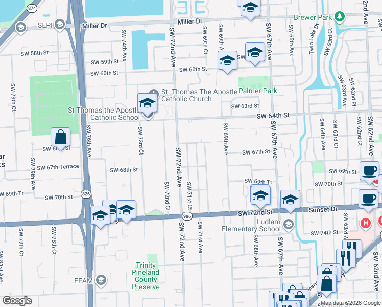 map of restaurants, bars, coffee shops, grocery stores, and more near 7100 Southwest 66th Street in Miami