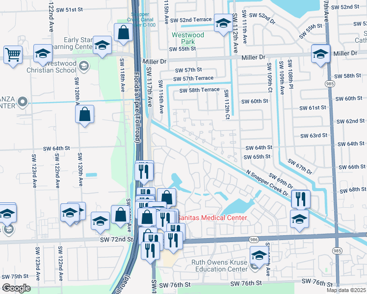 map of restaurants, bars, coffee shops, grocery stores, and more near 6412 Southwest 114th Avenue in Miami