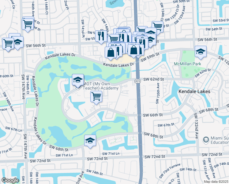 map of restaurants, bars, coffee shops, grocery stores, and more near 6320 Southwest 138th Court in Miami