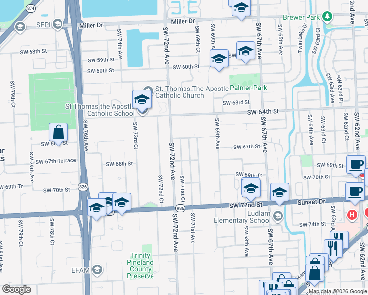 map of restaurants, bars, coffee shops, grocery stores, and more near 7100 Southwest 66th Street in Miami