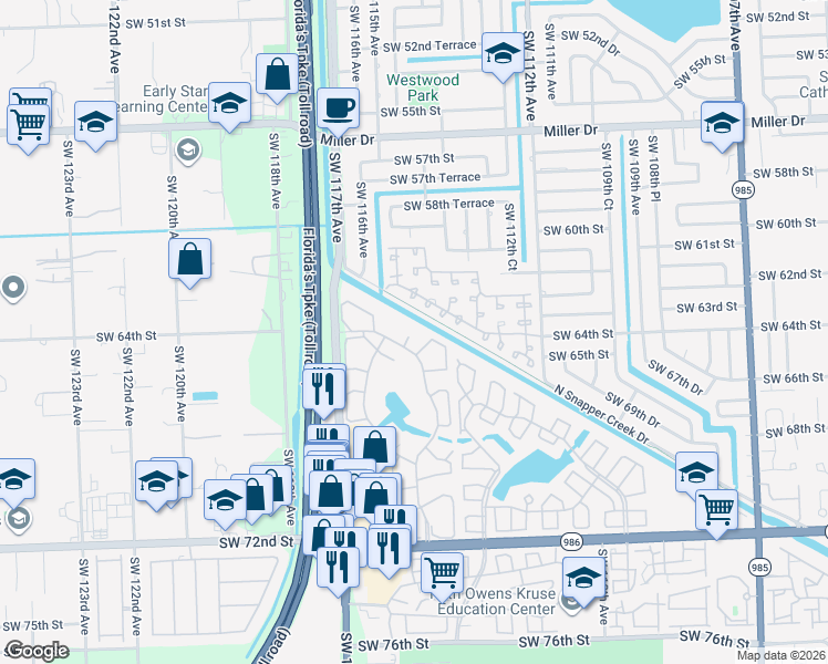 map of restaurants, bars, coffee shops, grocery stores, and more near 6412 Southwest 114th Avenue in Miami