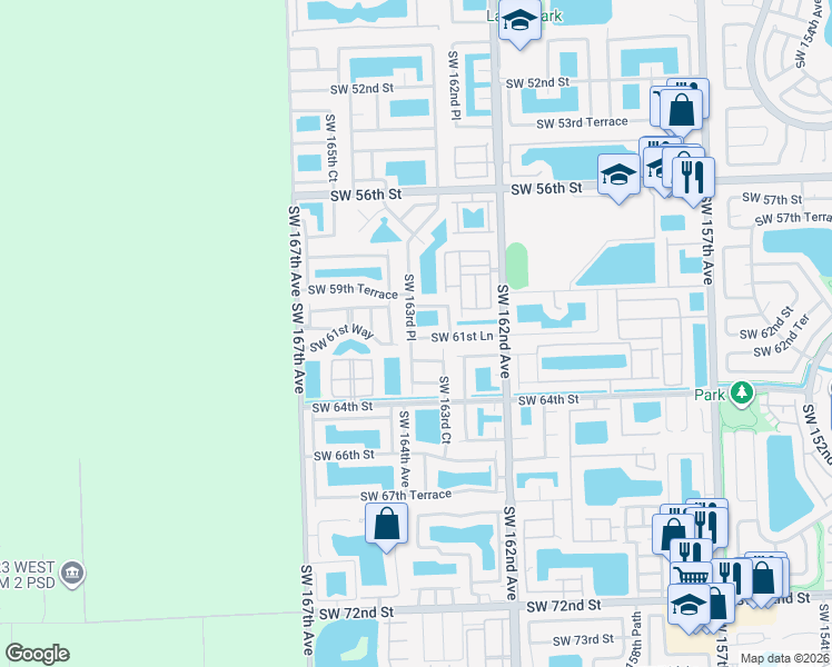 map of restaurants, bars, coffee shops, grocery stores, and more near 23329 Southwest 61st Lane in Miami