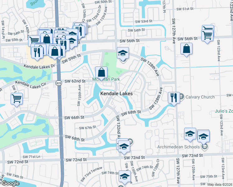 map of restaurants, bars, coffee shops, grocery stores, and more near in Kendale Lakes