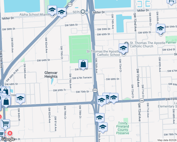 map of restaurants, bars, coffee shops, grocery stores, and more near 7730 Southwest 66th Street in South Miami