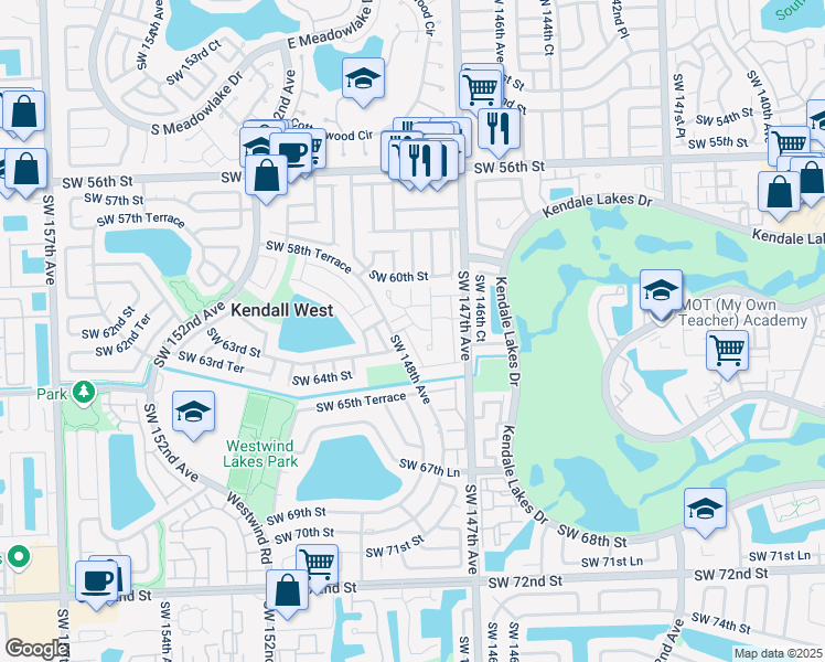 map of restaurants, bars, coffee shops, grocery stores, and more near 6201 Southwest 147th Place Circle in Miami