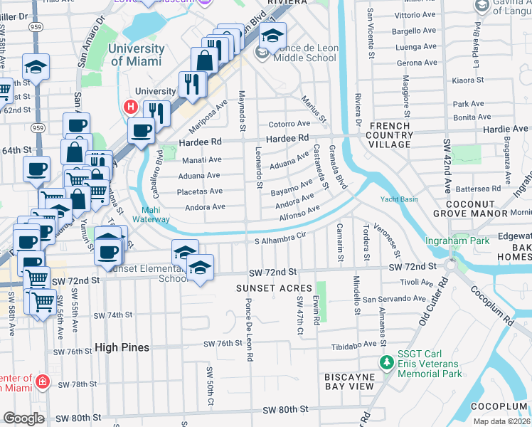 map of restaurants, bars, coffee shops, grocery stores, and more near 6600 Leonardo Street in Coral Gables