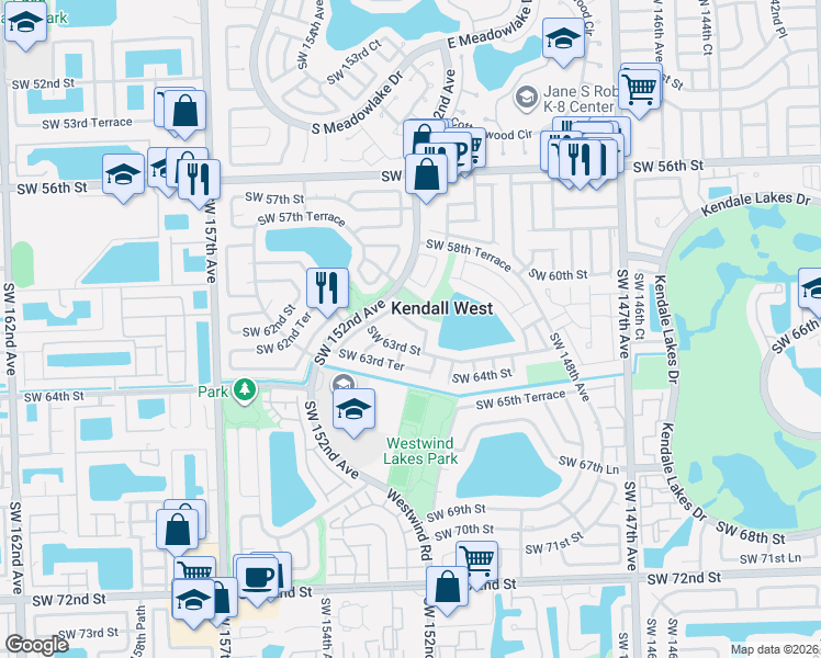 map of restaurants, bars, coffee shops, grocery stores, and more near 15075 Southwest 62nd Street in Miami