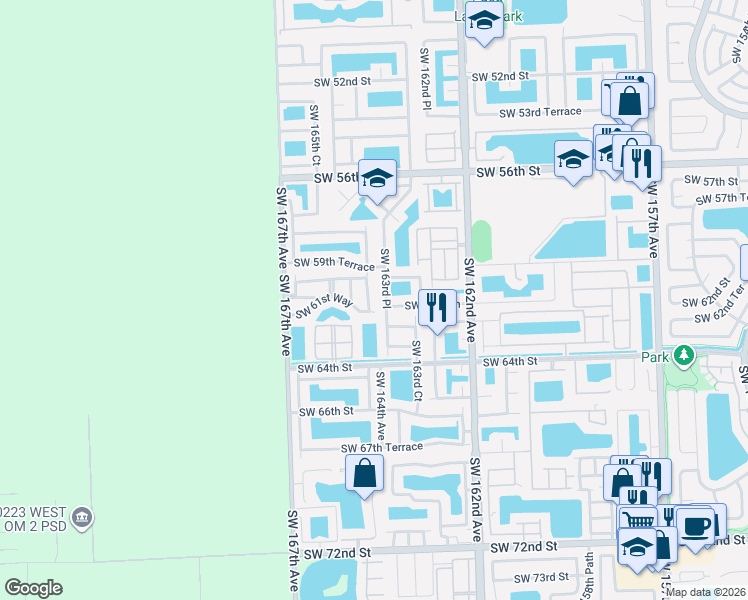 map of restaurants, bars, coffee shops, grocery stores, and more near 6104 Southwest 163rd Place in Miami