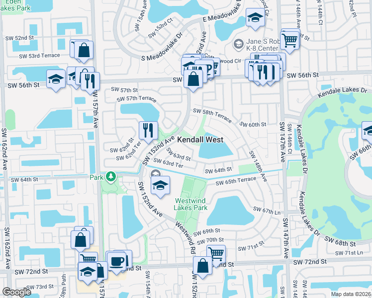 map of restaurants, bars, coffee shops, grocery stores, and more near 15075 Southwest 62nd Street in Miami