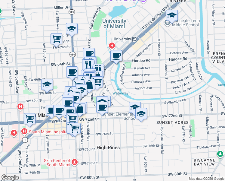 map of restaurants, bars, coffee shops, grocery stores, and more near 1244 South Alhambra Circle in Coral Gables