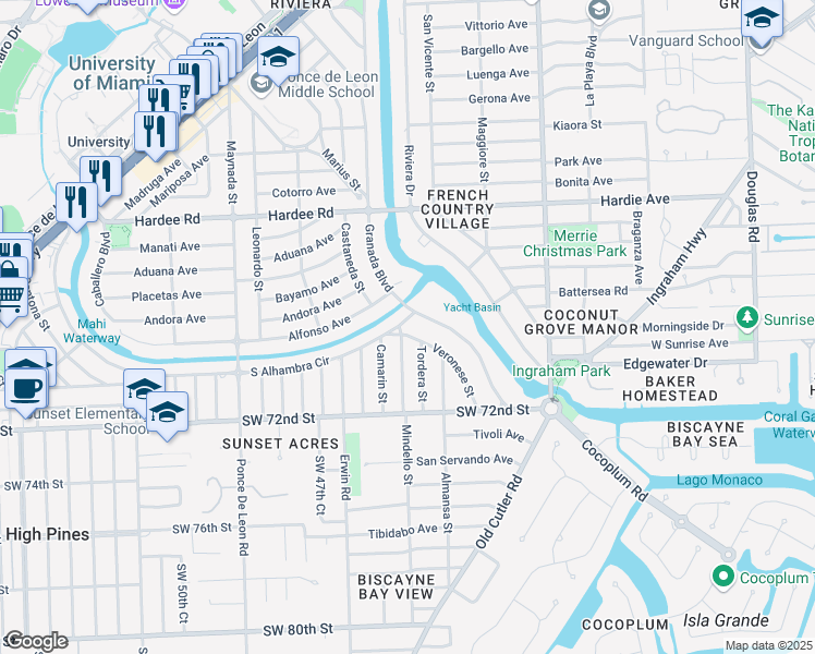 map of restaurants, bars, coffee shops, grocery stores, and more near 702 South Alhambra Circle in Coral Gables
