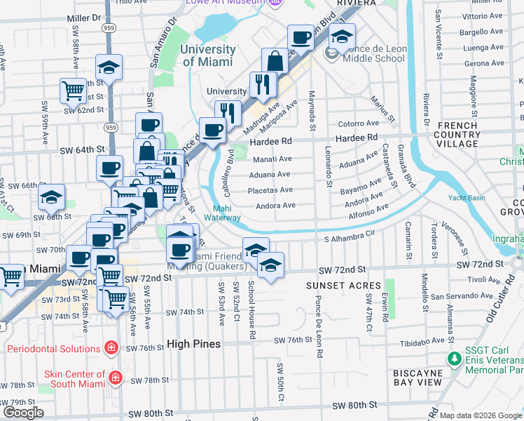 map of restaurants, bars, coffee shops, grocery stores, and more near 1212 Andora Avenue in Coral Gables