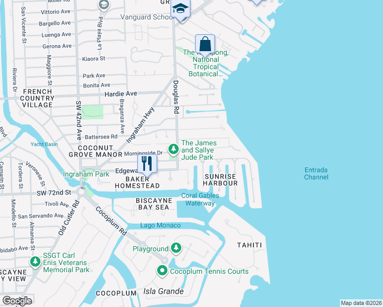 map of restaurants, bars, coffee shops, grocery stores, and more near 50 South Prospect Drive in Coral Gables