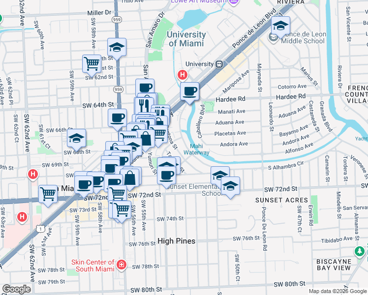 map of restaurants, bars, coffee shops, grocery stores, and more near 1244 South Alhambra Circle in Coral Gables