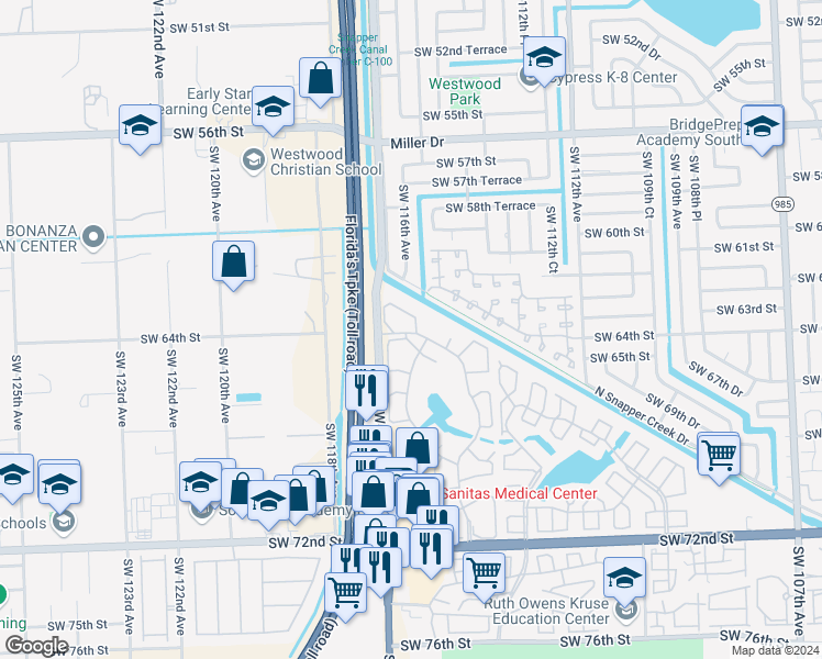 map of restaurants, bars, coffee shops, grocery stores, and more near 6303 Southwest 116th Place in Miami
