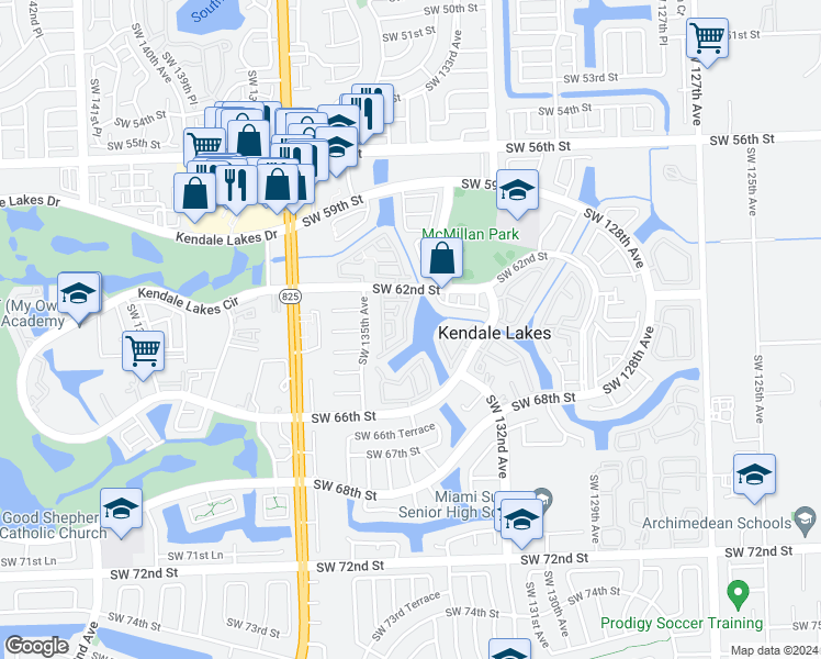 map of restaurants, bars, coffee shops, grocery stores, and more near 13420 Southwest 62nd Street in Miami