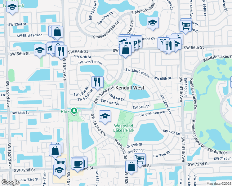 map of restaurants, bars, coffee shops, grocery stores, and more near 6263 Southwest 151st Place in Miami