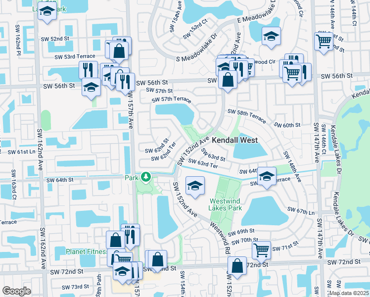 map of restaurants, bars, coffee shops, grocery stores, and more near 15334 Southwest 63rd Terrace in Miami