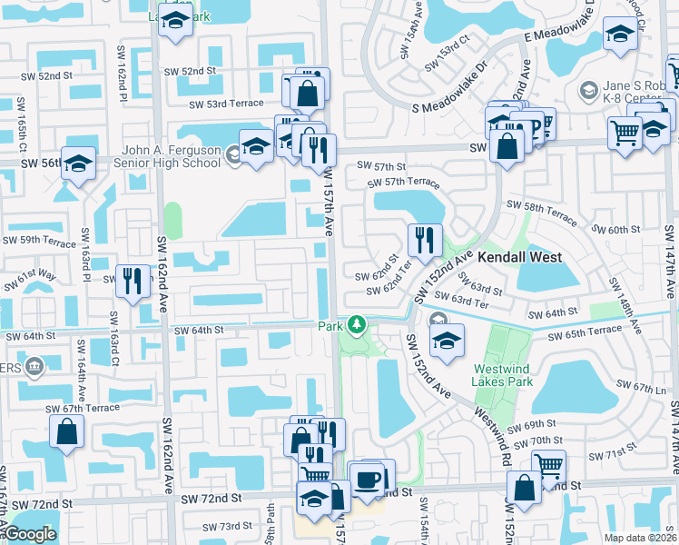 map of restaurants, bars, coffee shops, grocery stores, and more near 6130 Southwest 156th Court in Miami